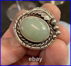 Vintage Native American Sterling Silver Handmade Celedon Green Jade Ring Rare