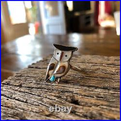 Vintage Native American Sterling Silver Multi Stone Big Owl Ring Size 8.5, Rare