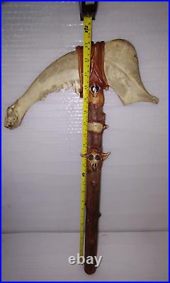 Vintage Native Argentina Bison Jawbone Tomahawk Skull Cracker Rare Peace 24'x15