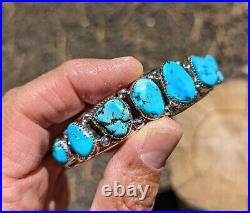 Vintage Navajo Cuff Bracelet Signed Pat Yazzie RARE XL sz 9 Blue Gem Turquoise