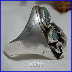 Vintage Navajo Green Seafoam Turquoise Rare Mountain Lion Sterling Ring Size 12