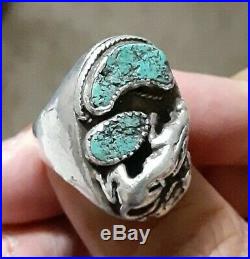 Vintage Navajo Green Seafoam Turquoise Rare Mountain Lion Sterling Ring Size 12