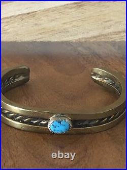 Vintage Navajo Native American Brass Turquoise Cuff Bracelet rare unique jewelry