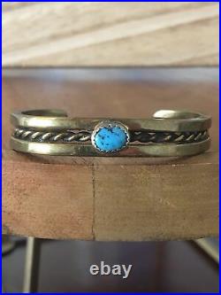 Vintage Navajo Native American Brass Turquoise Cuff Bracelet rare unique jewelry