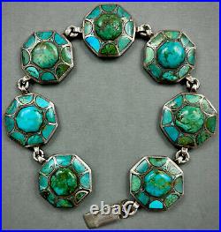 Vintage Navajo RARE DESIGN Kingman Turquoise Inlay Sterling Silver Bracelet