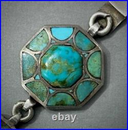 Vintage Navajo RARE DESIGN Kingman Turquoise Inlay Sterling Silver Bracelet