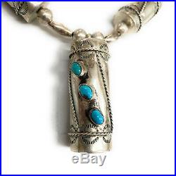 Vintage Navajo Stamped Drum Barrel Sterling Silver & Turquoise Necklace RARE