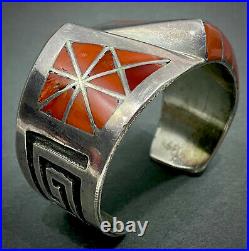 Vintage Navajo Sterling Silver Coral Inlay Cuff Bracelet By L. Parker VERY RARE