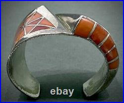 Vintage Navajo Sterling Silver Coral Inlay Cuff Bracelet By L. Parker VERY RARE