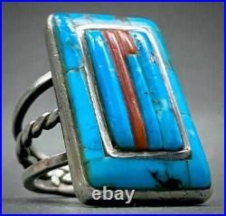 Vintage Navajo Sterling Silver Morenci Turquoise Coral Cornrow Inlay Ring RARE