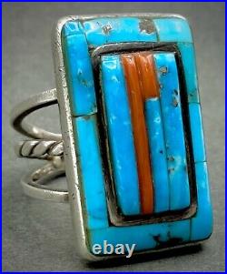 Vintage Navajo Sterling Silver Morenci Turquoise Coral Cornrow Inlay Ring RARE