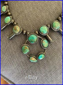 Vintage Navajo Sterling Silver Royston Turquoise Squash Blossom Necklace RARE