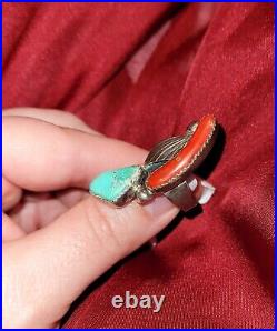 Vintage Navajo Turquoise and Coral Ring RARE DESIGN