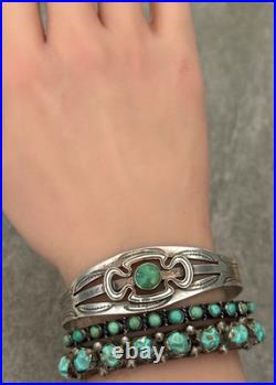 Vintage RARE Native American NAVAJO Turquoise Split shank Silver Bracelet 6.9 in