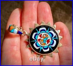 Vintage RARE Totem Animal Medalion Pendant Necklace Opal Turquoise First Nations