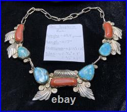 Vintage, RARE Zuni Dan Simplicio Turquoise & Red Coral Necklace, 69.9g