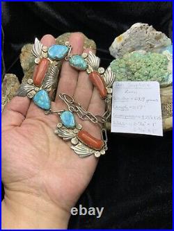 Vintage, RARE Zuni Dan Simplicio Turquoise & Red Coral Necklace, 69.9g