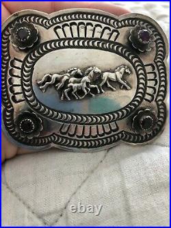 Vintage Rare Carson B Sterling Silver Navajo Mustang 4 Stone Belt Buckle