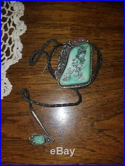 Vintage Rare Lot 7 Turquoise Native American Stones Silver Bolo Tie Bennett