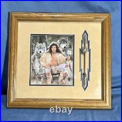 Vintage Rare Native American brave With Wolves & Spear Framed 1993 Maija Art Print