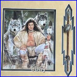 Vintage Rare Native American brave With Wolves & Spear Framed 1993 Maija Art Print