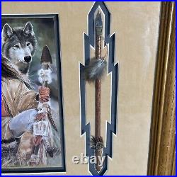 Vintage Rare Native American brave With Wolves & Spear Framed 1993 Maija Art Print