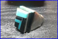 Vintage Rare Native Zuni Pyne Sterling Silver Onyx Turquoise Ring Size 10.5-11