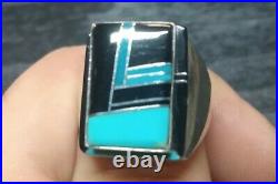 Vintage Rare Native Zuni Pyne Sterling Silver Onyx Turquoise Ring Size 10.5-11