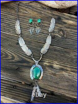 Vintage SAM KEE Navajo Sterling Silver Malachite Necklace Earring Set RARE NWB