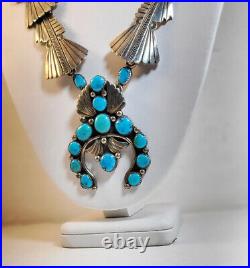 Vintage Sterling Silver And Rare Turquoise Navajo Sqaush Blossom Necklace