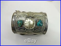 Vintage Sterling Silver Native American Leather Turquoise Watch Cuff 253g RARE