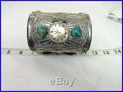 Vintage Sterling Silver Native American Leather Turquoise Watch Cuff 253g RARE