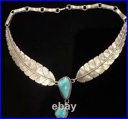 Vintage Stunning Rare NAVAJO HI GRADE TURQUOISE Feather STERLING Necklace 18