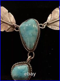 Vintage Stunning Rare NAVAJO HI GRADE TURQUOISE Feather STERLING Necklace 18