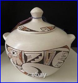 Vintage White Native American Hopi Lidded Bowl with Handles Rare