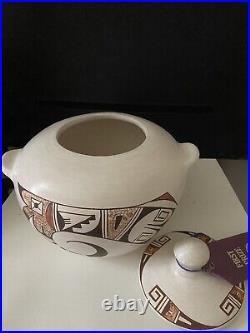 Vintage White Native American Hopi Lidded Bowl with Handles Rare