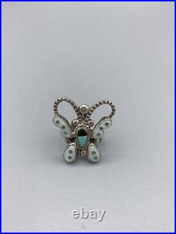 Vintage Zuni HOWARD LEEKELA Sterling Silver Turquoise Inlay Butterfly Ring RARE