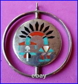 Vintage Zuni Inlay Sterling Spinner Pendant Native American Signed Rare