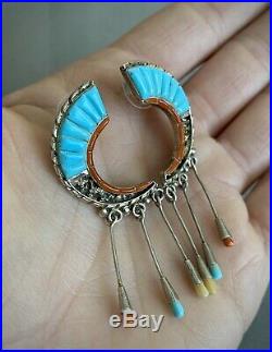 Vintage Zuni Sterling Silver Turquoise Coral Inlay Dangle Earrings VERY RARE