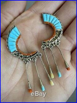 Vintage Zuni Sterling Silver Turquoise Coral Inlay Dangle Earrings VERY RARE