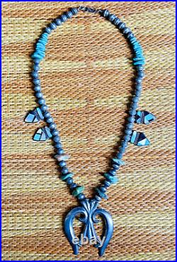 Vintage Zuni Sterling Silver Turquoise Squash Blossom Necklace Rare With Inlay