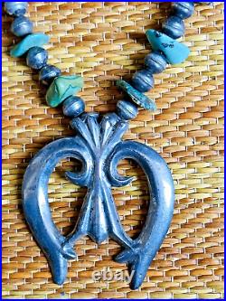 Vintage Zuni Sterling Silver Turquoise Squash Blossom Necklace Rare With Inlay