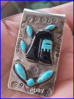 Vintg Native American Money Clip Old Pawn 925 Silver Turquoise Onyx Warrior Rare