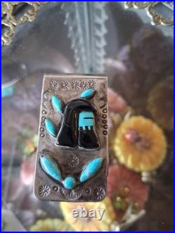 Vintg Native American Money Clip Old Pawn 925 Silver Turquoise Onyx Warrior Rare