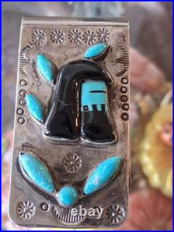 Vintg Native American Money Clip Old Pawn 925 Silver Turquoise Onyx Warrior Rare