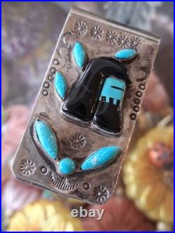 Vintg Native American Money Clip Old Pawn 925 Silver Turquoise Onyx Warrior Rare