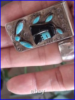 Vintg Native American Money Clip Old Pawn 925 Silver Turquoise Onyx Warrior Rare