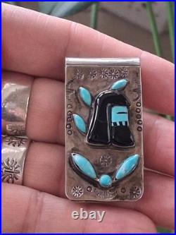 Vintg Native American Money Clip Old Pawn 925 Silver Turquoise Onyx Warrior Rare