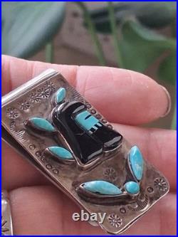 Vintg Native American Money Clip Old Pawn 925 Silver Turquoise Onyx Warrior Rare