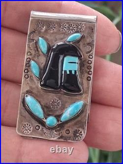 Vintg Native American Money Clip Old Pawn 925 Silver Turquoise Onyx Warrior Rare